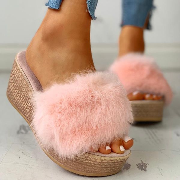 

dress shoes comfortable platform casual non-slip soft flat indoor fluffy wedge heeled sandals home wear slippers, Black