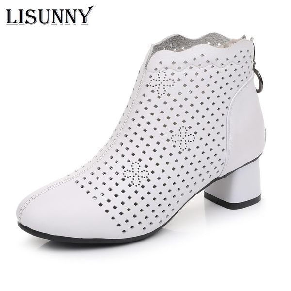 

boots lisunny 2021 summer ankle genuine leather shoes women med high heel back zipper cutout breathable mujer zapatos, Black