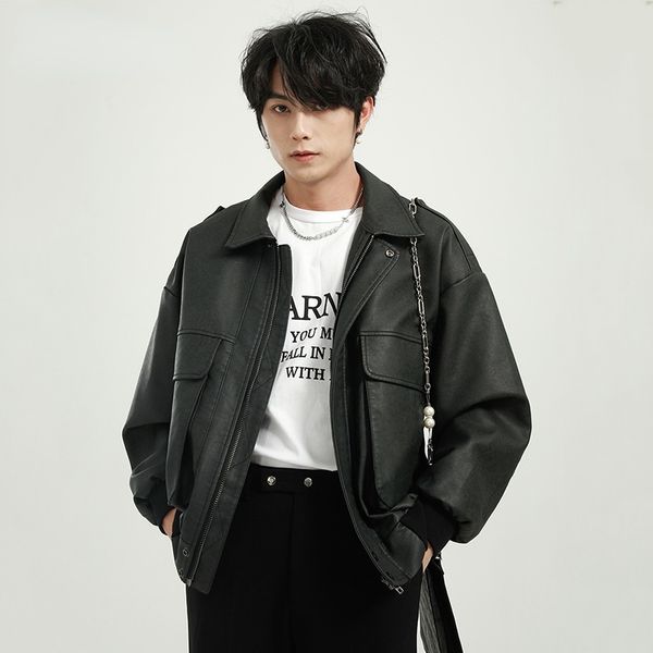 

men's new autumn winter 2021 locomotive leather waterproof motorcycle jacket black short style zip up jackets lapel 9y8566