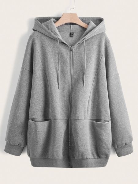 

plus dual pocket drawstring zip-up thermal hoodie r7sa#, Black