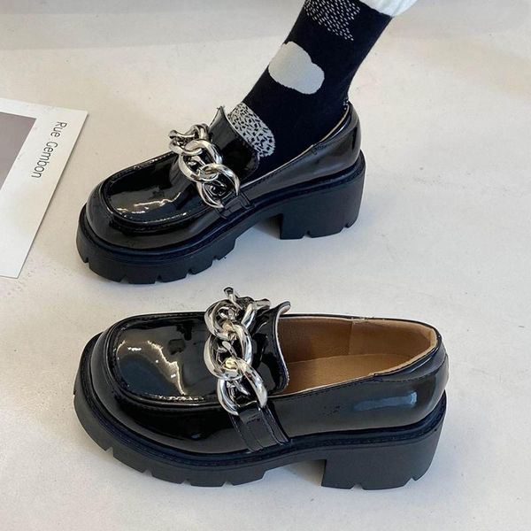 

dress shoes patent leather chunky loafers for women 2021 spring autumn black platform woman round toe metal chain slip on pumps