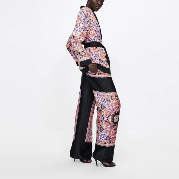 

women's tracksuits fashion patchwork floral suit jacket with sash women spring blouse coat pants sets outfit elegant v neck office casu, Gray