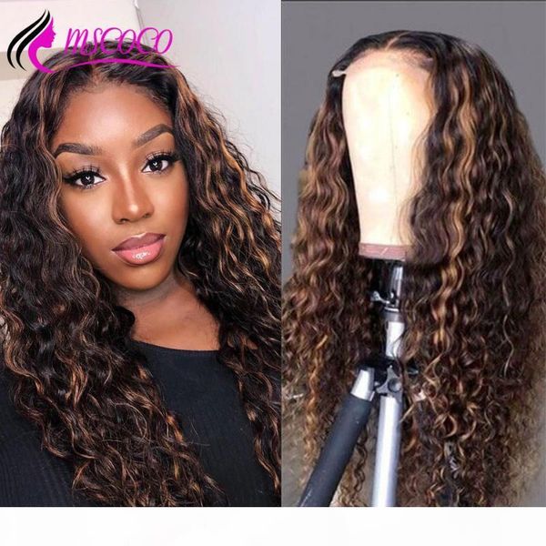 

mscoco water wave wig highlight lace front human hair wigs pre plucked lace frontal wig 200 density ombre colored human hair, Black;brown