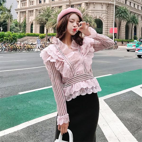 

women's blouses & shirts comel2021 est designer runway blouse women ruffles v neck mesh lace hollow out shirt fe, White