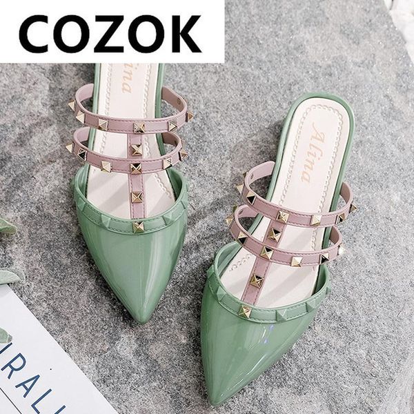 

sandals 2021 summer casual fashion outdoor pointed rivet women low-heeled beach slippers zapatos mujer, Black