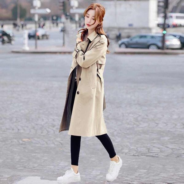 

women's trench coats casual long coat spring autumn korean style oversize khaki windbreaker female stylish, Tan;black
