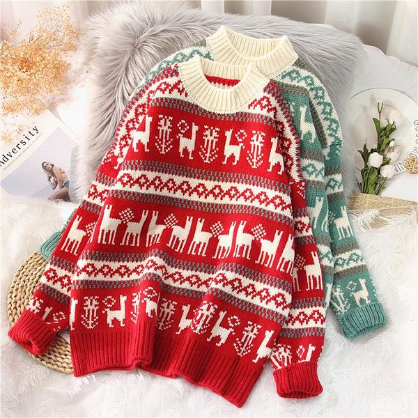 

women's sweaters ebaihui women sweater deer print christmas o-neck pullover festival loose jumper knitted long sleeve thick casual knit, White;black