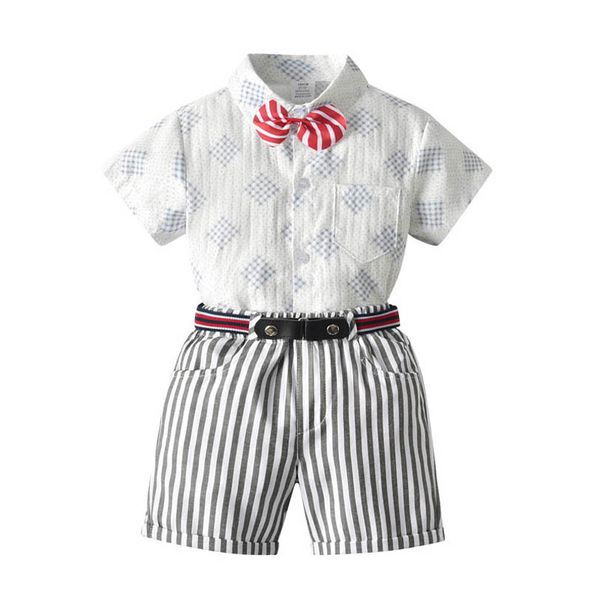 

kids clothing sets boys suits children outfits summer cotton bow short sleeve tie print shirt belt striped trousers shorts pants gentleman b, White