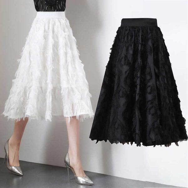 

plus size tassel midi skirt women fashion korean casual fringe high waist a-line long skirt female lady office black white skirt 210619