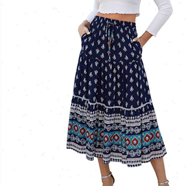 

eight color navy blue boho vintage floral print long skirt womens casual high elastic waist skirts summer elegant female bottom, Black