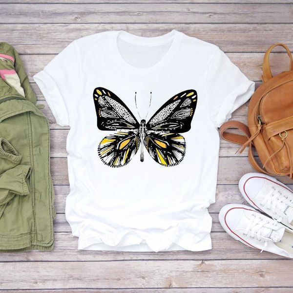 

women summer butterfly cartoon short sleeve lady fashion print t-shirts t shirt ladies womens graphic female tee t-shirt, White