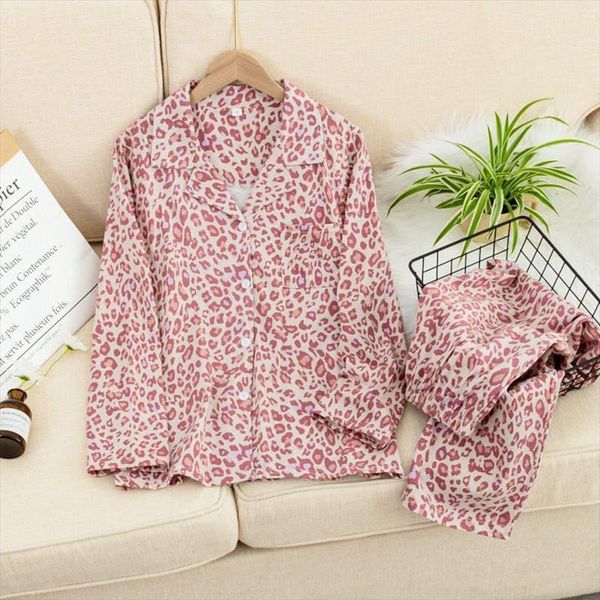 

autumn and winter knitted pajamas women sleepwear long sleeve pink leopard print home service two piece set, Black;red