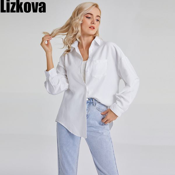 

lizkova white blouse women long sleeve oversized shirt female 2021 spring pocket official blusas roupa 8866, Black;green