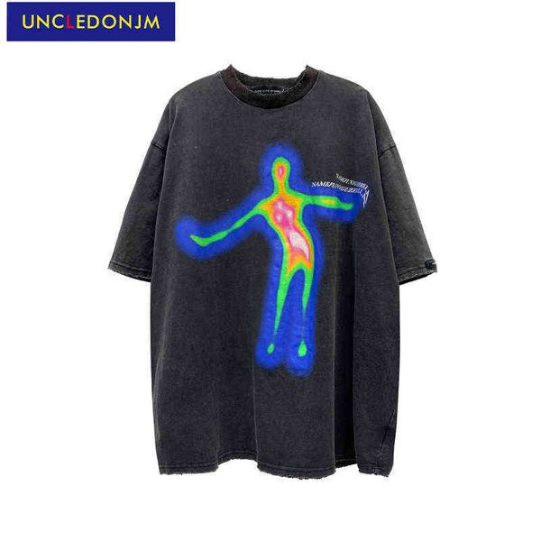 

uncledonjm distorted portrait printing short-sleeved t-shirt hip-hop summer streetwear oversized retro men t shirt g1217, White;black