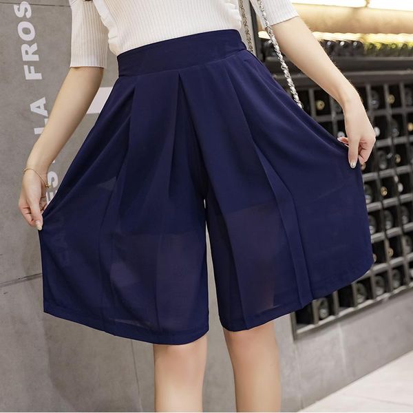 

2021 summer chiffon short pants loose black/blue wide-legged trousers knee-length elastic waist women fashion capris pants, White;black