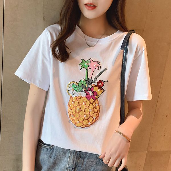 

2021 new diamonds summer kawaii pine graphic tee short sleeve cotton woman tshirts harajuku white black t shirt for women c145 ny5b