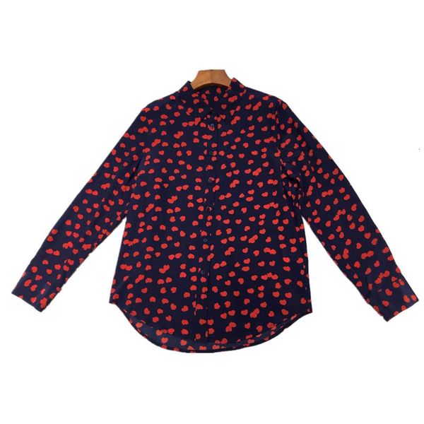 

100% silk 2021 early spring new long-sleeved lapel single-breasted irregular hem heart-shaped print loose shirt aecx, White