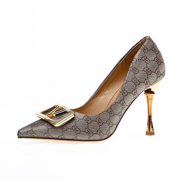 

thin single shoes early spring 2021 new work shoes thin heel metal buckle high heel women's shoes, Black