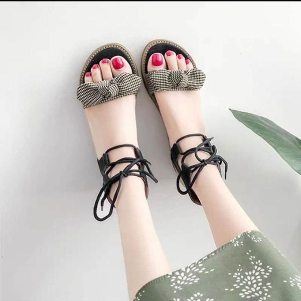 

sandals gladiator women flat summer ladies bow shoes woman beach binding sandalen dames zapatos de mujer, Black