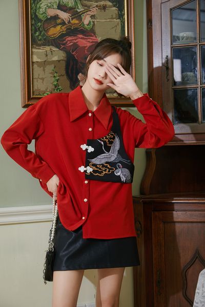 

2021 new red crane print frog button up collar women japanese fashion long sleeve vintage shirt blouse fall clothing of2r, White