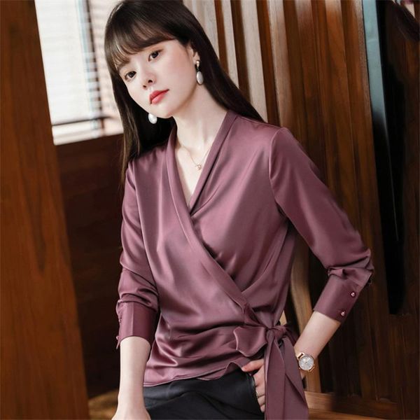 

commute women long sleeve blouse bow lace-up woman shirts elegant v-neck asymmetric autumn satin blusas femininas, White