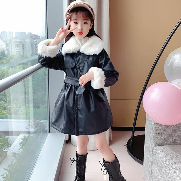 

down coat winter children parka snowsuit warm color mid-length plus velvet girls leather jacket kids fashion windbreaker outerwear, Blue;gray