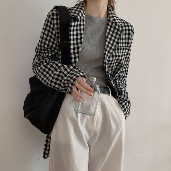 

2021 ol work vintage fashion plaid blazer women new basic formal elegant single breasted loose suit coat female blazers prc8, White;black