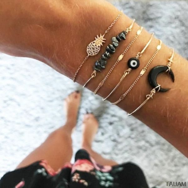 

charm bracelets 6pc/set black eyes broken stones horn hollow pineapple bohemian multilayer bangles moon jewelry gold chain for women, Golden;silver
