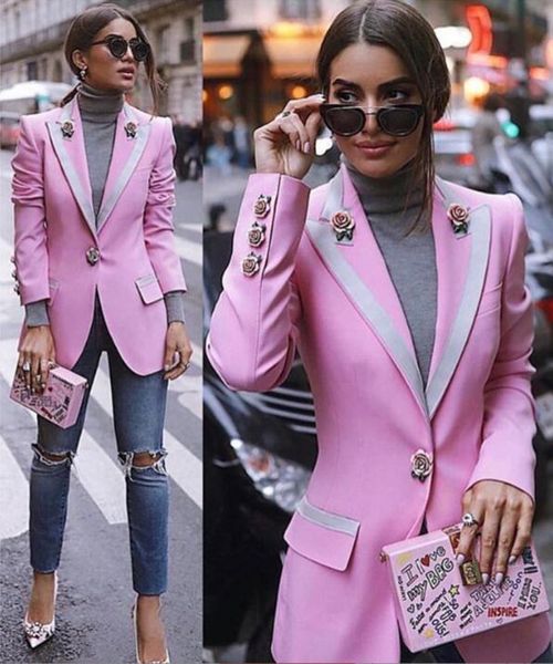 

women's jackets suits designer long sleeve floral lining rose buttons pink blazers outer jacket female, White;black