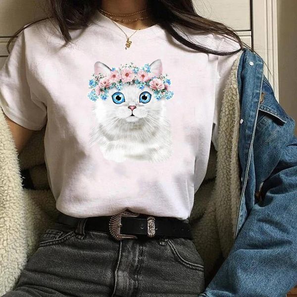 

women print graphic cat watercolor short sleeve 90s animal printing clothes lady tees t shirt female womens t-shirt, White