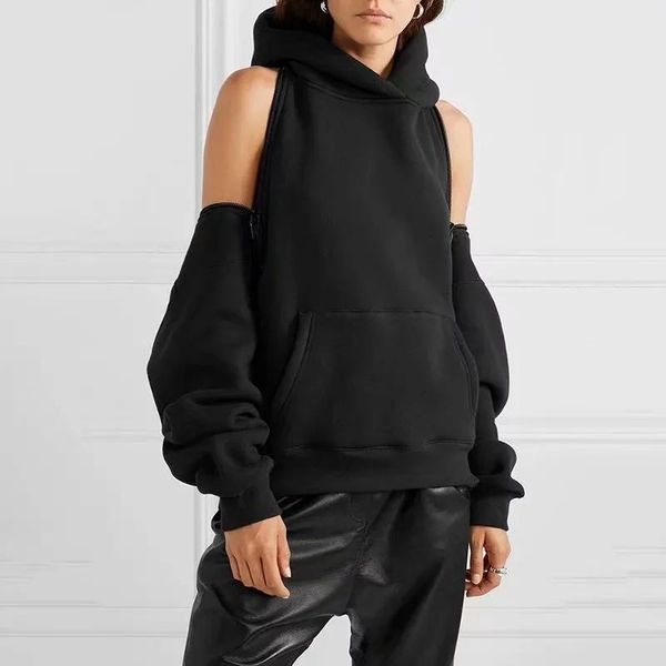 

women's hoodies & sweatshirts women hoodie sweatshirt reversible off shoulder fleece hooded pullover tracksuit high street, Black