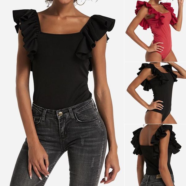 

women's jumpsuits & rompers 2021 women ruffle jumpsuit bodysuit leotard romper blouse sleeveless shirts playsuits bodycon elastic overa, Black;white