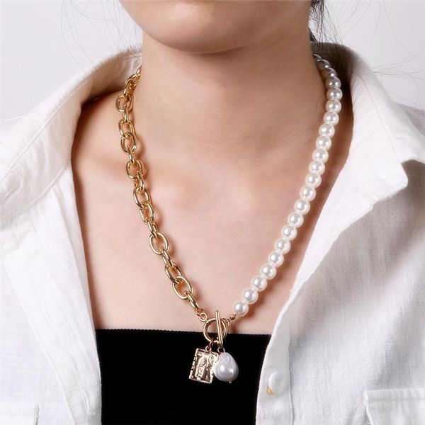 

pendant necklaces fashion thick chain angel necklace for women irregular imitation pearl chokers female 2021 jewelry, Silver