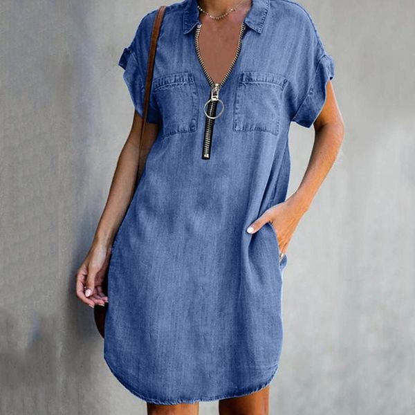 

casual dresses #l5 zipper v neck denim dress women 2021 fashion summer short sleeve loose knee-length for vestidos, Black;gray
