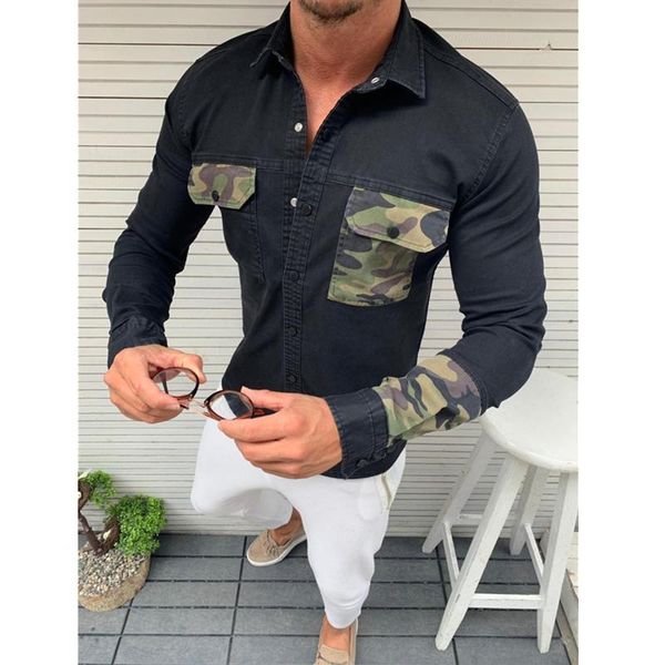 

men's casual shirts 2021 fashion camouflage patchwork long sleeve lapel buttons shirts chemise homme pockets denim shirt for men, White;black