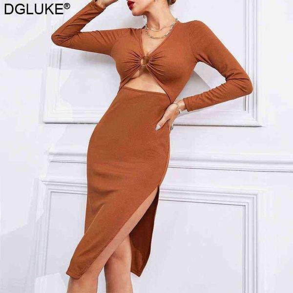 

long sleeve party dresses for women 2021 autumn winter cut out bodycon dress elegant midi long dress black brown g1214, Black;gray