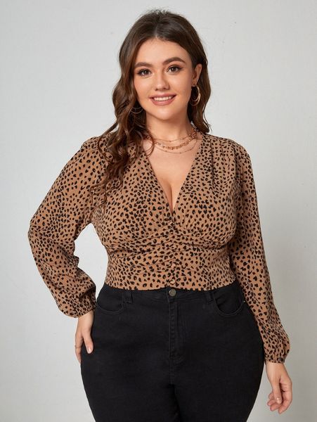 

plus allover print ruched lantern sleeve blouse 54wi#, Black