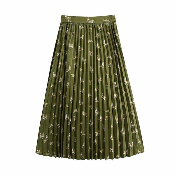 

skirts vintage elegant animals printed pleated women fashion elastic waist zipper mid-calf skirt female chic faldas, Black