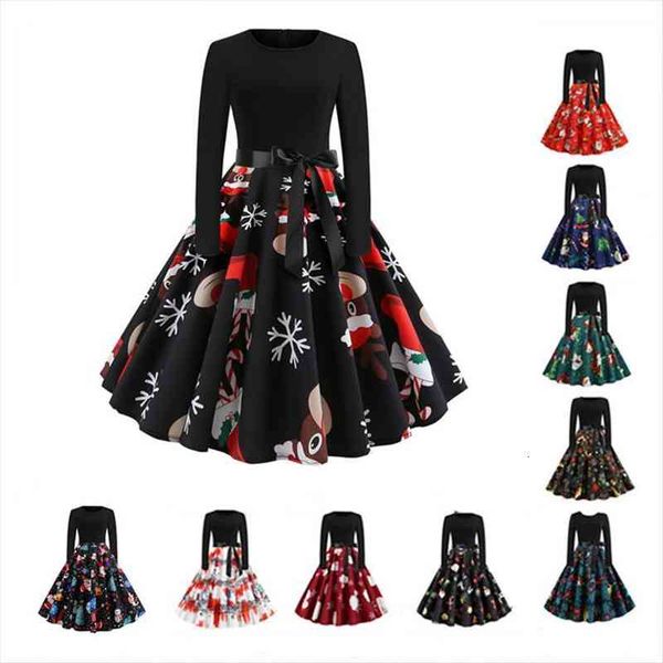 

winter christmas vintage printed robe womens dresses swing elegant party o neck year long sleeve plus size, Black;gray