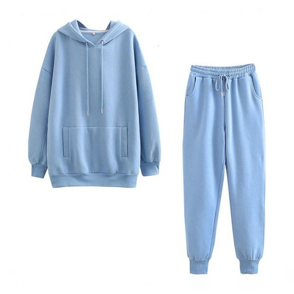 

new 2021 casual + drawstrings elastic pants 2 pcs sets autumn winter women thick fleece cotton suit solid harajuku hoodies soje, White