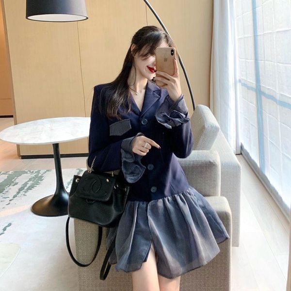 

casual dresses fonely fairy preppy autumn british style mesh stitched lace blazer dress, Black;gray