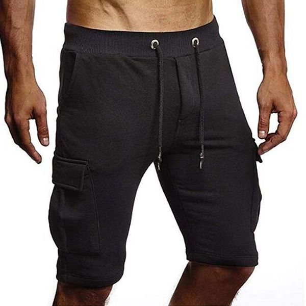 

workout running shorts casual men solid knee length short pants pockets streetwear drawstring mens shorts, Black
