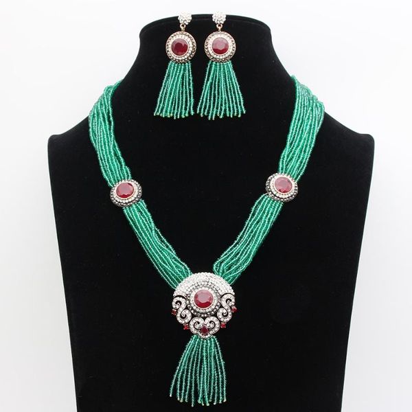 

pendant necklaces vintage morocco women red bead necklace resin round flower jewelry long tassels multi chain bride bijoux gift, Silver