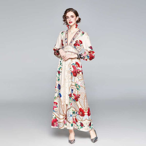 

spring autumn vintage floral print long dress women deep v-neck lantern sleeve elastic waist button maxi 210529, Black;gray