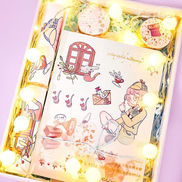 

notepads 32k magic series notebook gift boxed 2 masking tapes 3 stickers envelope paper 1 led twinkle light stationery set, Purple;pink