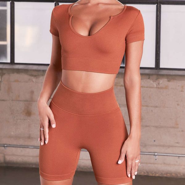 

new ins net red knitted sports short sleeve shorts yoga fitness suit, Gray