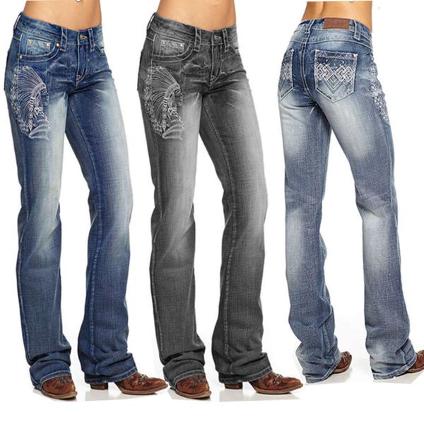 

sales slim embroidered pants, Blue