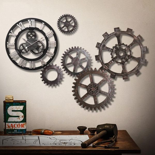 

wall clocks modern retro clock antique metal gear mechanical roman numerals numbers wallclock kol saati watch home decor578