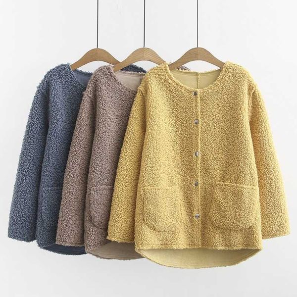 

spring casual lamb wool thicken warm women's long sleeve round neck hidden button pockets outwear coat plus size 210607, Black;brown