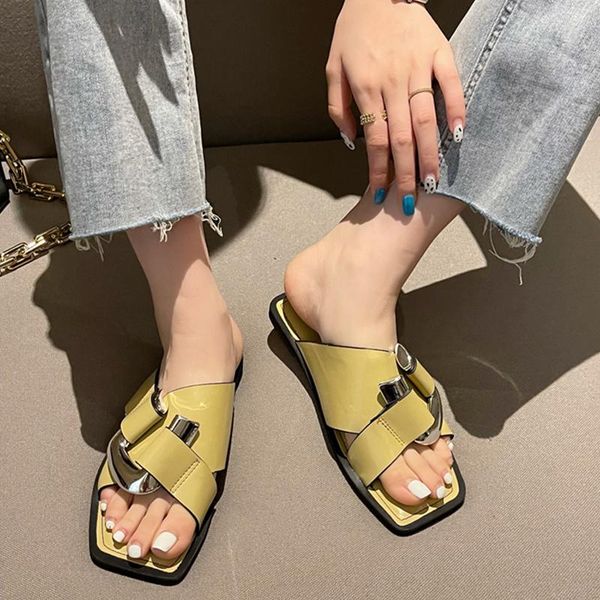 

slippers women shoes female flats rubber flip flop metal decoration slides 2021 summer footwear for, Black